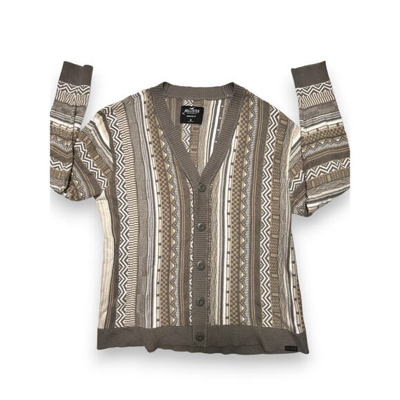 Hollister Oversized Geometric Striped Gray Knit Cardigan Size Medium - Picture 1 of 12